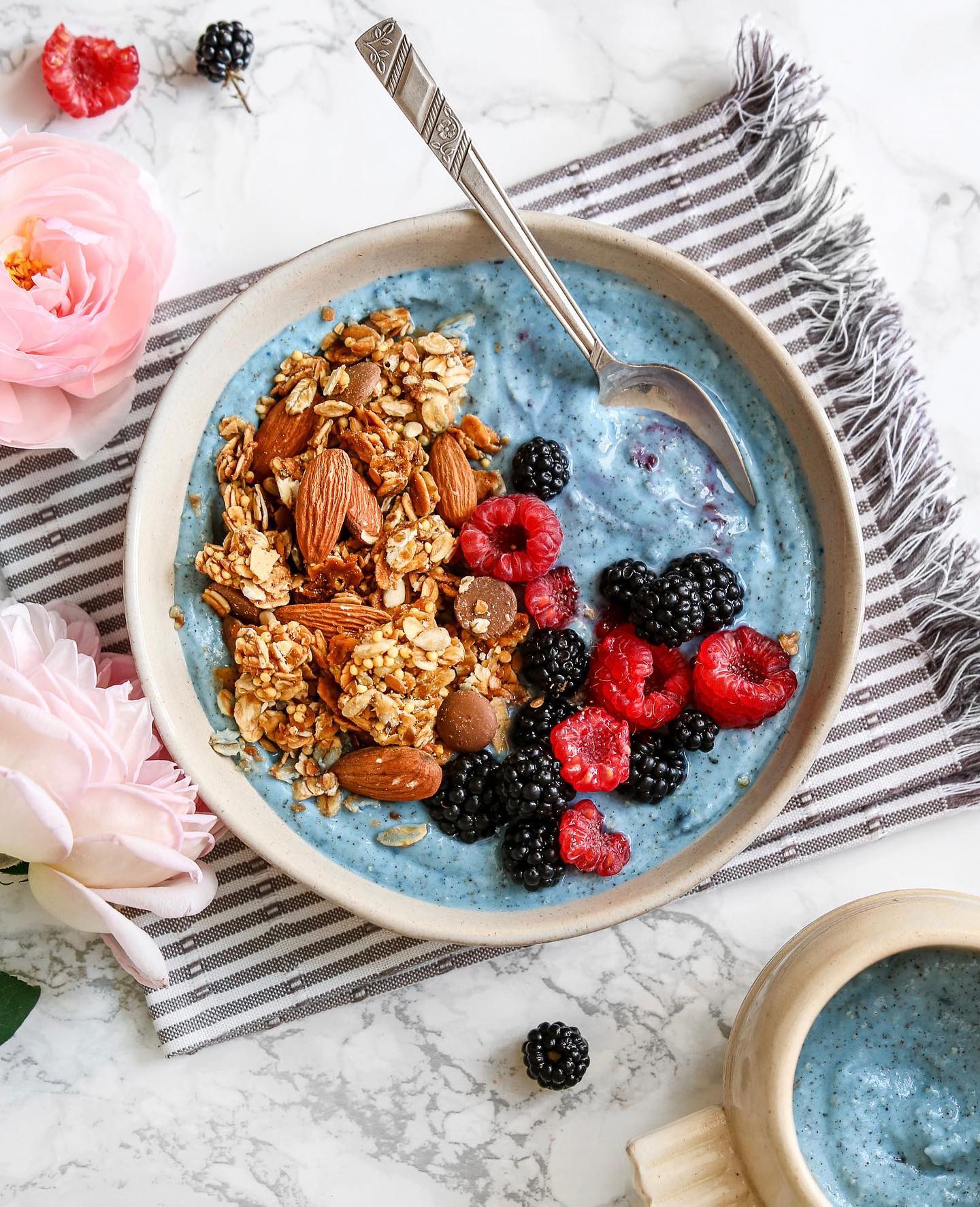 Le petit dej’ que je dégusterais bien ce matin 🤤
Cette consistance bleue n’est autre que du fromage blanc mélangé à un peu de protéine végétale Brennos, saveur vanille-menthe-spiruline (c’est grâce à cette dernière que la couleur bleue apparaît 💙)
🥣 en topping, le granola @mademoisellebreizh : le meilleur 🤤🤤
Et puis, des framboises et des mûres, qui viennent de mon jardin ! Pas à cette saison évidement, la photo date un peu, mais pas tant que ça, je l’ai prise mi-novembre ! j’avais toujours ces fruits, et des roses chez moi à cette période… Ça fait peur ces saisons qui se dérèglent non ? 🥲
Bon dimanche à tous.tes ! 🌸
#breakfastbowl #dimanchematin #spiruline #phycocyanine #framboises #mûres #granola #madeinbzh #photoculinaire #petitdejeunerhealthy